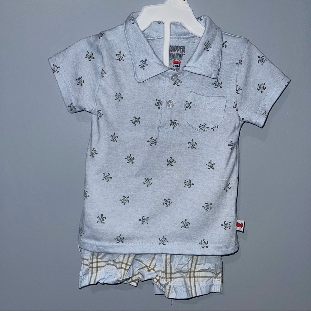 Light Blue Polo Shirt with Plaid Shorts - Boy Size 24 Months